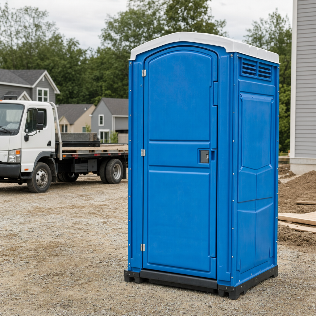 Delivery driver positioning a clean royal-blue portable toilet on level ground at a Baton Rouge worksite