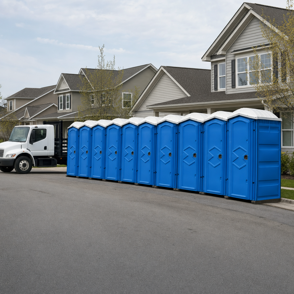 Royal blue portable toilets staged in a tidy row at a Baton Rouge jobsite, ready for delivery
